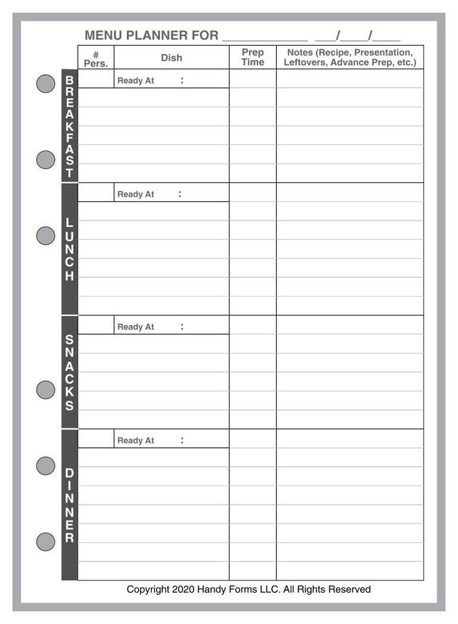 Handy Forms A6 Size Menu Planner, for 6-Ring A6 Binders. Sheet Size 4.13" x 5.83" (105mm x 148mm). This is A European Standard A6 Size. Your A6 May BE Different. Please See Images. - Image 2