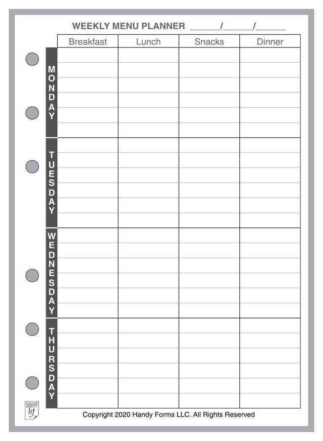 Handy Forms A6 Size Menu Planner, for 6-Ring A6 Binders. Sheet Size 4.13" x 5.83" (105mm x 148mm). This is A European Standard A6 Size. Your A6 May BE Different. Please See Images. - Image 1
