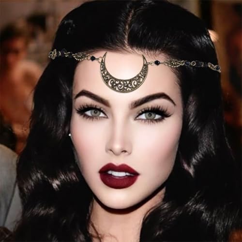 Obmyec Boho Head Chain Moon Headpieces Rhinestone Hair Chains Wedding Hair Accessories for Women and Girls (Black) - Image 2