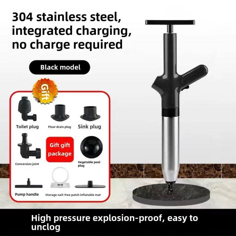 Toilet dredger sewer dredger one shot household toilet toilet kitchen tools high pressure explosion-proof(Black 304 stainless steel) - Image 1