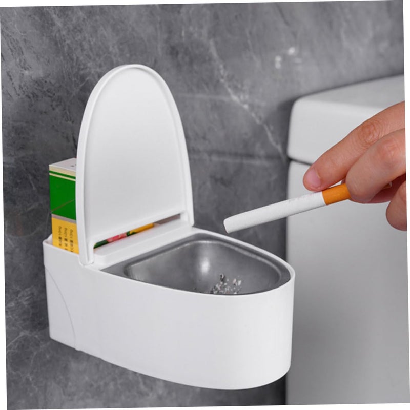 Wall Mounted Toilet Shaped Ashtray Lid Ash Can Stainless Steel No Drill White - Image 3