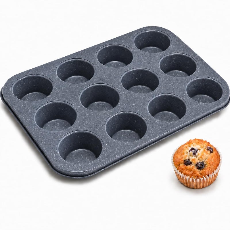 Muffin Pan 12 Cup, Non-Stick Cupcake Baking Tray, Reusable Round Cake Mold for Muffins, Cupcakes, Mini Cheesecakes and Homemade Desserts, KK-24 (Grey) - Image 1