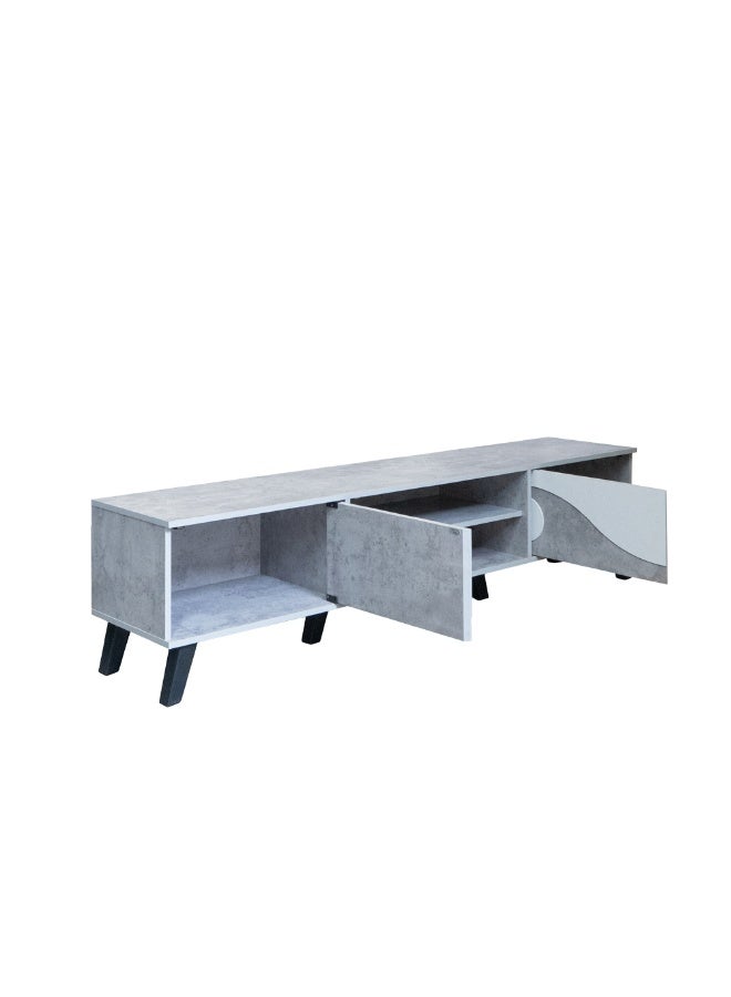 بيتي طاولة تلفزيون خشبي 180 سم , درجين تخزين مع ارفف , خشب ماليزي - رمادي وابيض - Image 4