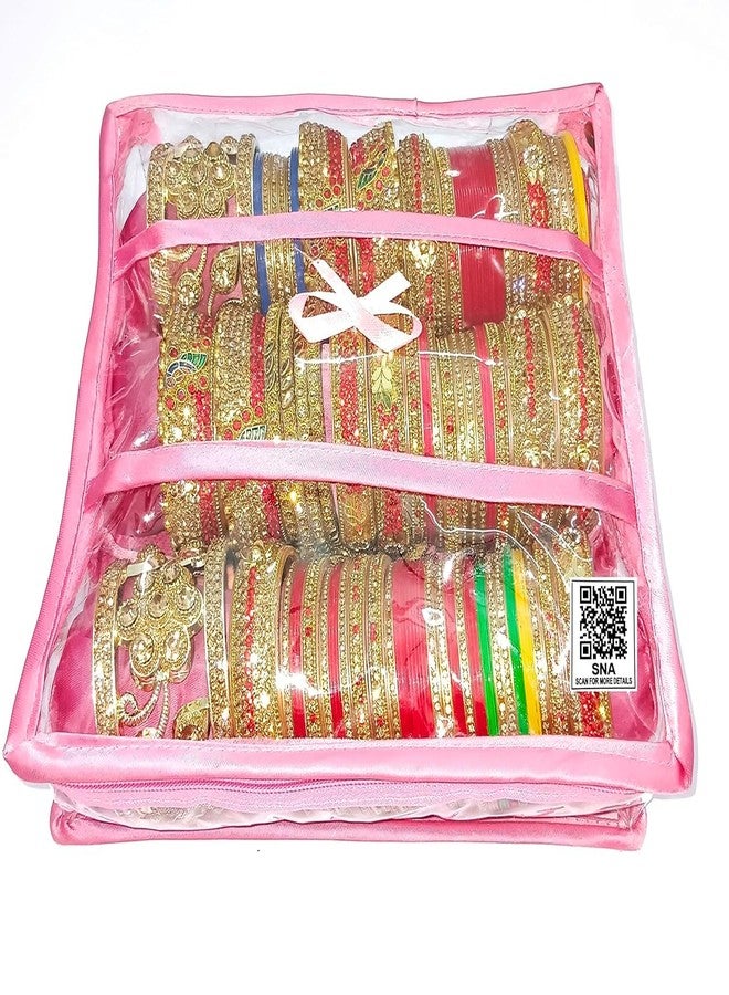 SNA 3 Rods Bangle Storage Vanity Case - Pink Jewelry Organizer with Makeup Kit Compartment - Image 1