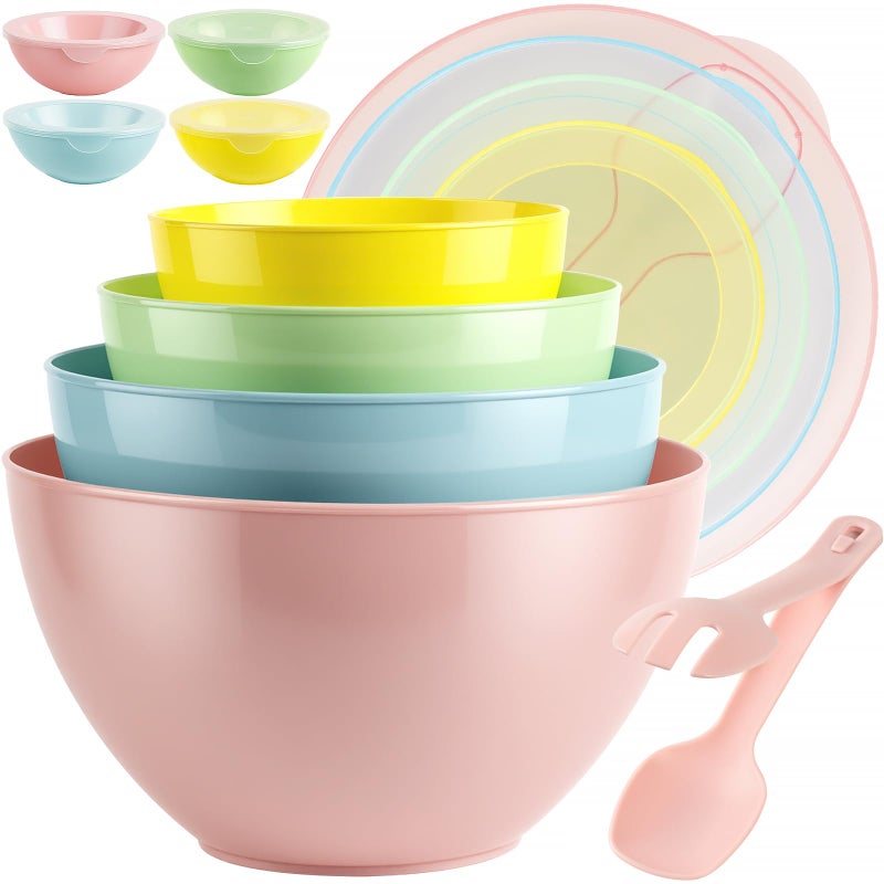 Freshmage 8 Piece Plastic Mixing Bowls with Lids Set - Microwave Safe Kitchen Plastic Bowls for Preparing, Serving and Storing - Dishwasher Safe Large Nesting Mxing Bowl Set Bowls with Mixing Spoon and Fork - Image 1