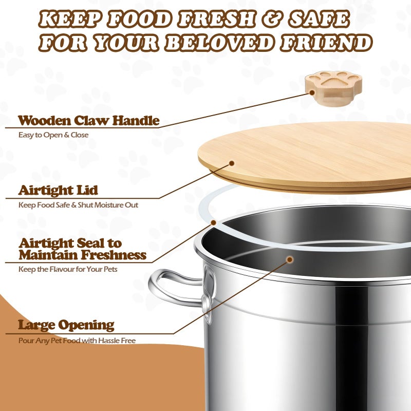 Maxdot 45 Lbs Stainless Steel Food Storage Container for Dog with Airtight Bamboo Lid Spoon & Wooden Claw Handle, Large Metal Pet Food Bin to Keep Fresh Easy Clean & Use for Dog Multiple Pet - Image 4