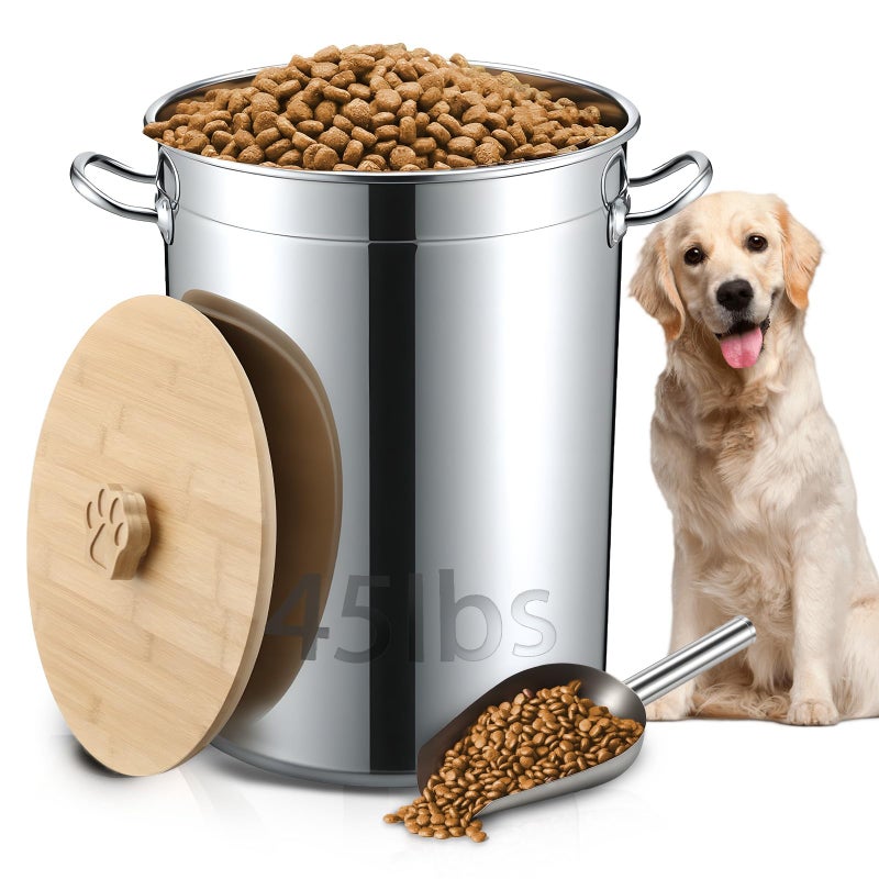 Maxdot 45 Lbs Stainless Steel Food Storage Container for Dog with Airtight Bamboo Lid Spoon & Wooden Claw Handle, Large Metal Pet Food Bin to Keep Fresh Easy Clean & Use for Dog Multiple Pet - Image 1