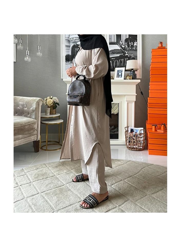بدله عصريه محتشمه من اللينن مكونه من قميص و بنطلون