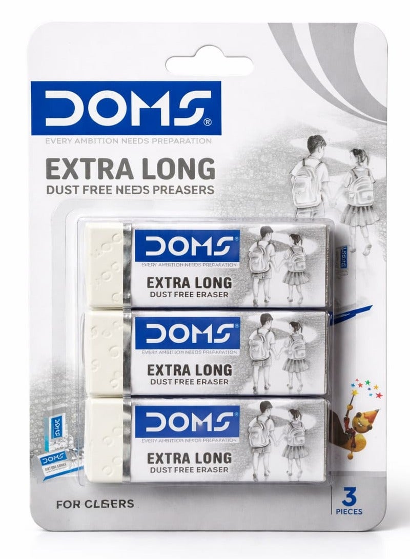 DOMS Extra Long Dust-Free Erasers – Non-Toxic Clean Erasing Rubber, White, Pack of 3 - Image 1