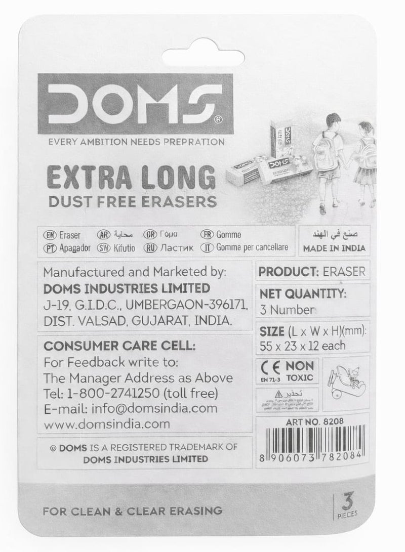DOMS Extra Long Dust-Free Erasers – Non-Toxic Clean Erasing Rubber, White, Pack of 3 - Image 2