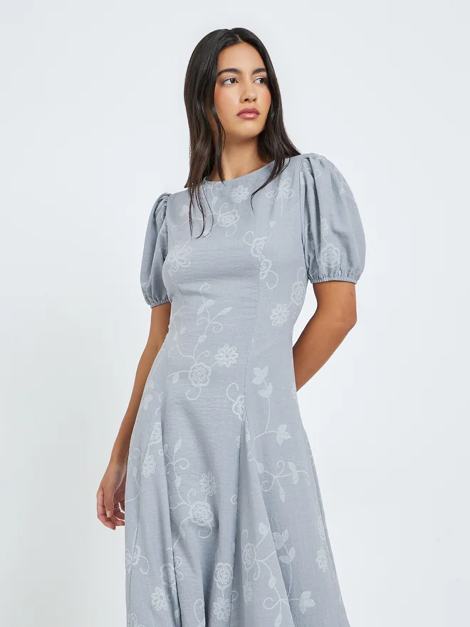 ستايلي Styli Grey Floral Puff Sleeves Maxi Dress