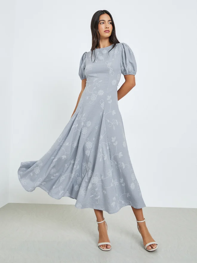 ستايلي Styli Grey Floral Puff Sleeves Maxi Dress