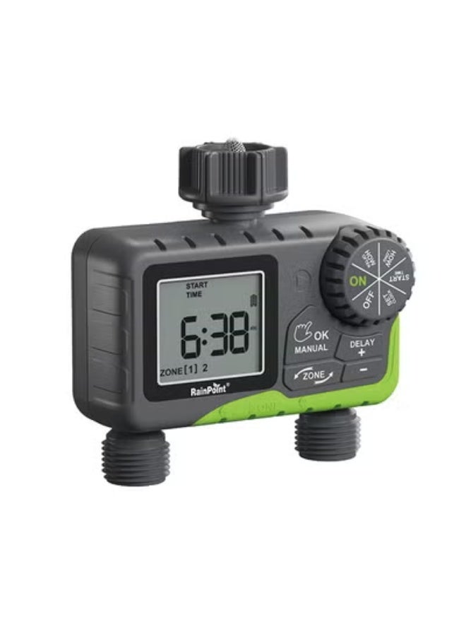 مؤقت مياه RAINPOINT لخرطوم الحديقة - مؤقت رش بمنطقتين مع تأخير المطر / الري اليدوي / نظام التحكم في الري التلقائي - مؤقت خرطوم المياه ومؤقت صنبور قابل للبرمجة للحديقة في الفناء - Image 1
