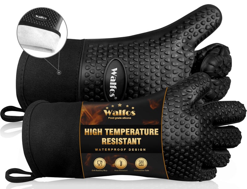 Walfos Oven Gloves Silicone Oven Gloves with Fingers Heat Resistant up to 500F NonSlip  Waterproof BBQ accessories for Barbecue Grilling Weber Pizza Microwave Black
