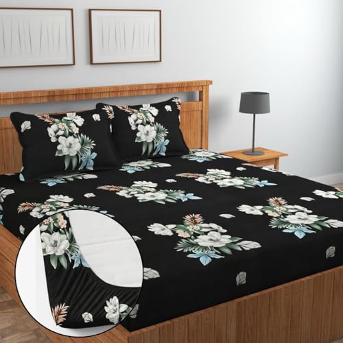 NEW LEAF Premium Cotton Elastic Fitted Bedsheets with 2 King Size Pillow Covers | Double Bed with All Around Elastic 180 TC Supersoft |Size-72 King Sizex78+10 inches | Floral, Dark Grey - Image 1