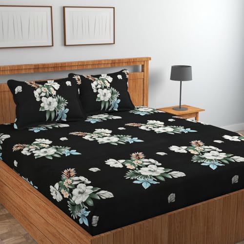NEW LEAF Premium Cotton Elastic Fitted Bedsheets with 2 King Size Pillow Covers | Double Bed with All Around Elastic 180 TC Supersoft |Size-72 King Sizex78+10 inches | Floral, Dark Grey - Image 3