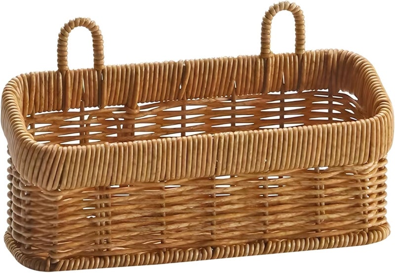 Faux Rattan Hanging Storage Basket with Double Handles, Rectangular Woven Shelf Basket for Kitchen and Home, 8.5 X 4.9 X 3.1 in - Image 1