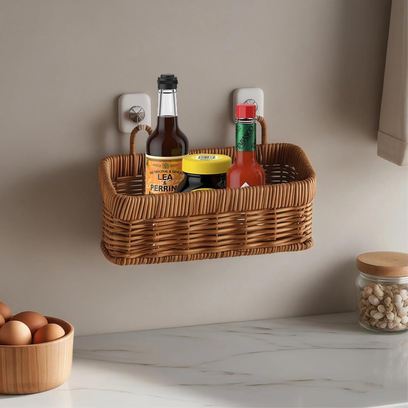 Faux Rattan Hanging Storage Basket with Double Handles, Rectangular Woven Shelf Basket for Kitchen and Home, 8.5 X 4.9 X 3.1 in - Image 3