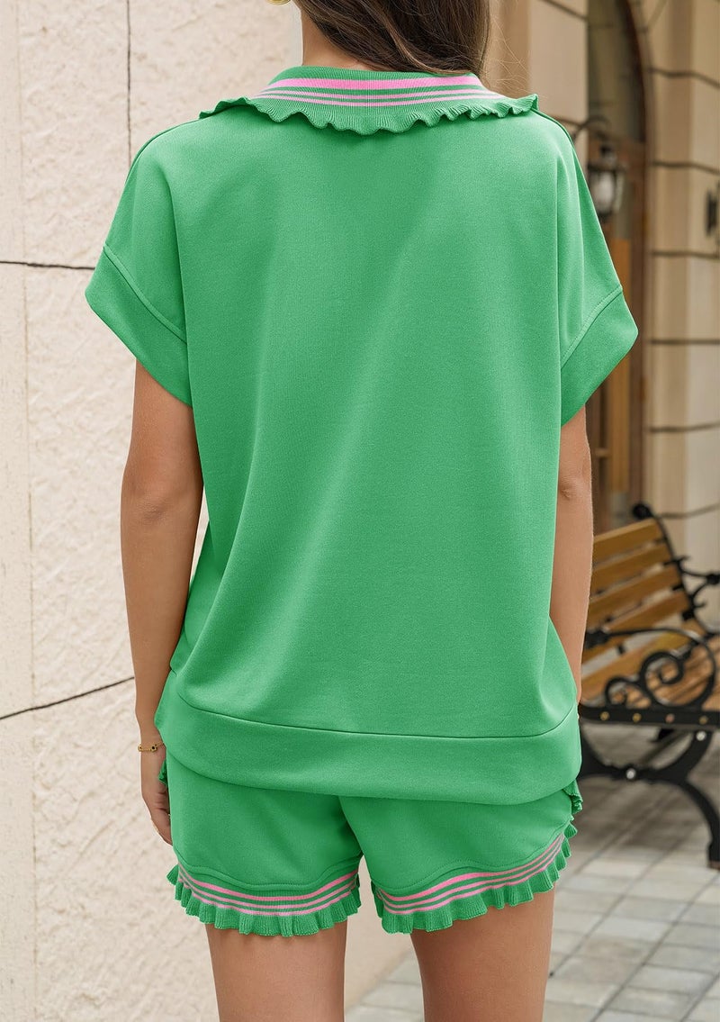 Aoysky 2 Piece Outfits Short Sets for Women Sweatsuit Casual Tracksuits Summer Half Zip Ruffle Tops Matching Sets Green - Image 4
