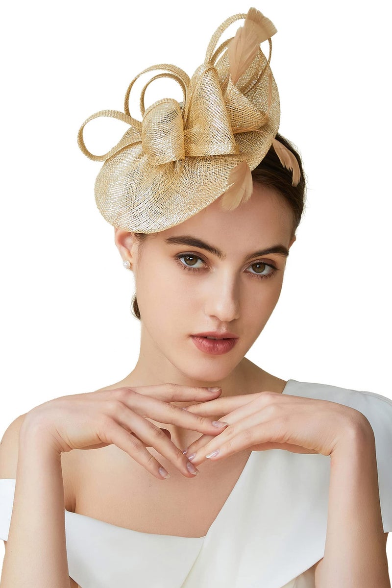 BABEYOND Women's Pillbox Fascinator Hat Kentucky Derby Hat Feather Fascinator Headband Tea Party Fascinator Hat for Cocktail Gold - Image 1