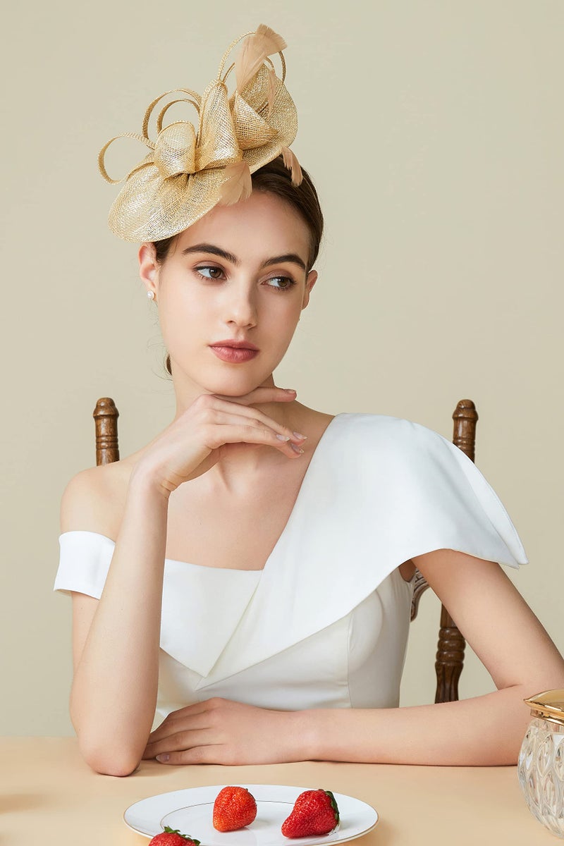 BABEYOND Women's Pillbox Fascinator Hat Kentucky Derby Hat Feather Fascinator Headband Tea Party Fascinator Hat for Cocktail Gold - Image 5