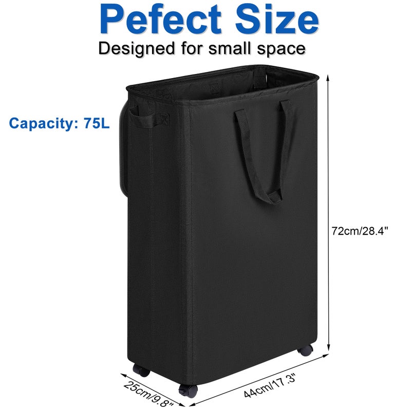 Vincona Slim Laundry Hamper with Lid and Wheels, Small Rolling Laundry Basket with Handle for Small Spaces, Tall Dirty Clothes Hampers for Dorm, Bathroom and Bedroom, 75L Black - Image 5