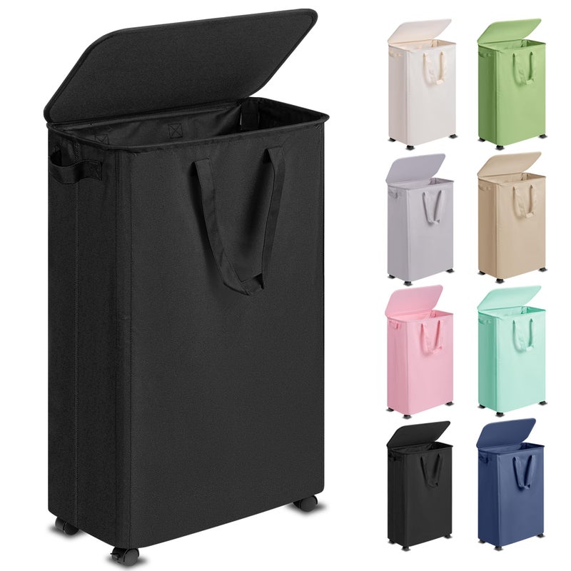 Vincona Slim Laundry Hamper with Lid and Wheels, Small Rolling Laundry Basket with Handle for Small Spaces, Tall Dirty Clothes Hampers for Dorm, Bathroom and Bedroom, 75L Black - Image 1
