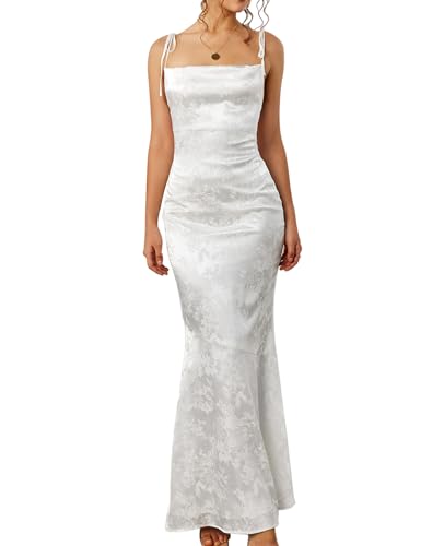 GLNEGE Women's Satin Formal Wedding Guest Maxi Dress Elegant Spaghetti Strap Lace Up Bodycon Evening Cocktail Prom Dresses White - Image 1