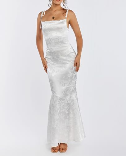 GLNEGE Women's Satin Formal Wedding Guest Maxi Dress Elegant Spaghetti Strap Lace Up Bodycon Evening Cocktail Prom Dresses White - Image 5