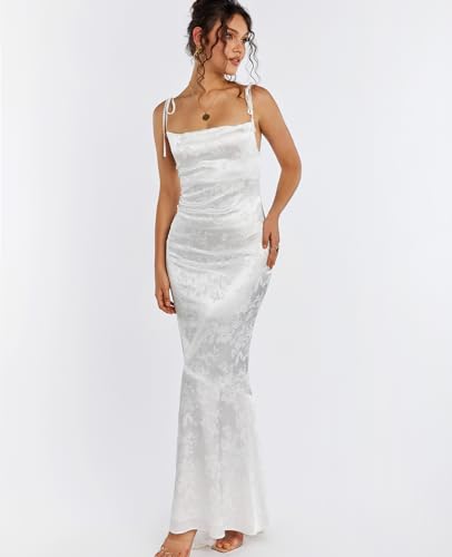 GLNEGE Women's Satin Formal Wedding Guest Maxi Dress Elegant Spaghetti Strap Lace Up Bodycon Evening Cocktail Prom Dresses White - Image 4