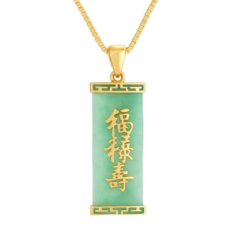 Belacqua Natural Green Jade Good Fortune Pendant Necklace in 14K Yellow Gold Plated Silver, Chinese Symbol, Hypoallergenic Fashion Jewelry for Women, Gift Box Included - Image 1