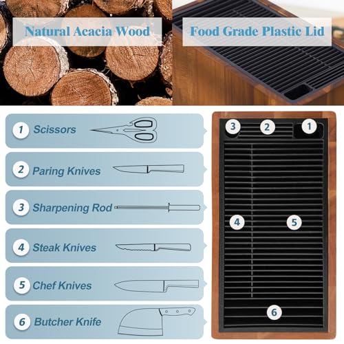 ENOKING XXL Acacia Wood Knife Holder – Large Universal Knife Block with Blade-Protecting Slots, Holds 26+ Knives, Scissors, and Sharpening Rods, Space-Saving Kitchen Storage Organizer - Image 3