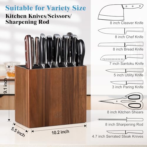ENOKING XXL Acacia Wood Knife Holder – Large Universal Knife Block with Blade-Protecting Slots, Holds 26+ Knives, Scissors, and Sharpening Rods, Space-Saving Kitchen Storage Organizer - Image 4
