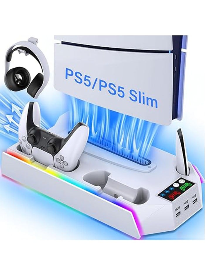PS5 / PS5 Slim Cooling Station Stand RGB with Dual Controller Charging Station for PlayStation 5 Console, PS 5 Accessories Incl. Controller Charger, Cooling Fan, Headset Holder,White - Image 1