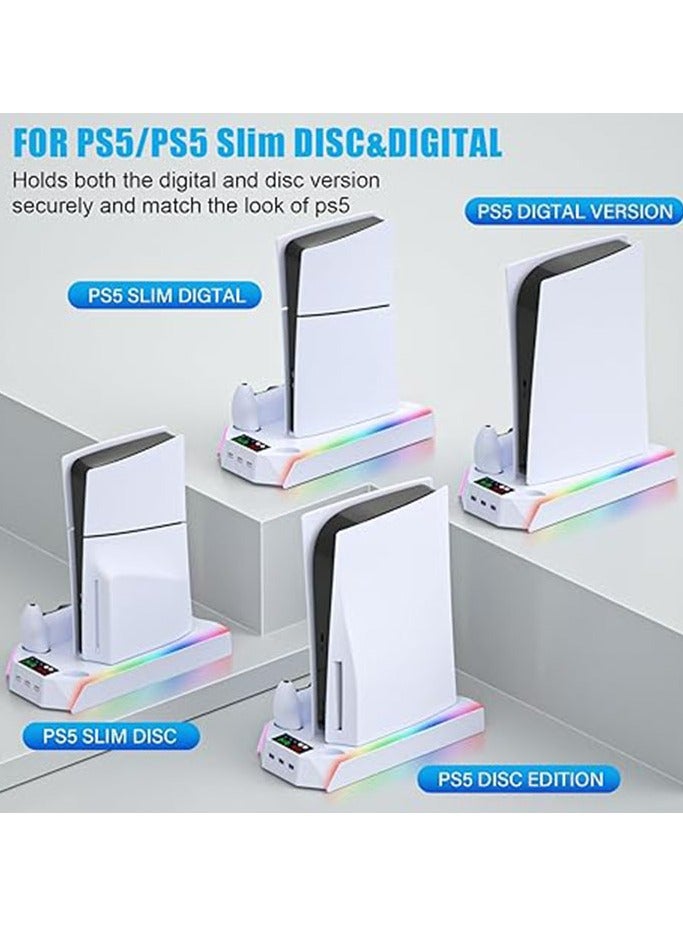 PS5 / PS5 Slim Cooling Station Stand RGB with Dual Controller Charging Station for PlayStation 5 Console, PS 5 Accessories Incl. Controller Charger, Cooling Fan, Headset Holder,White - Image 3