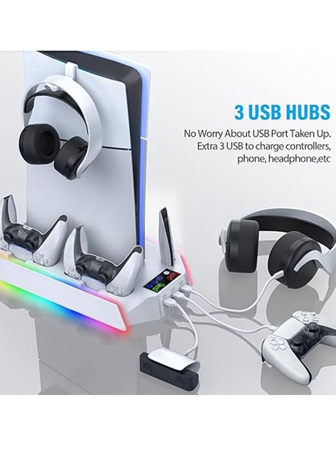 PS5 / PS5 Slim Cooling Station Stand RGB with Dual Controller Charging Station for PlayStation 5 Console, PS 5 Accessories Incl. Controller Charger, Cooling Fan, Headset Holder,White - Image 5