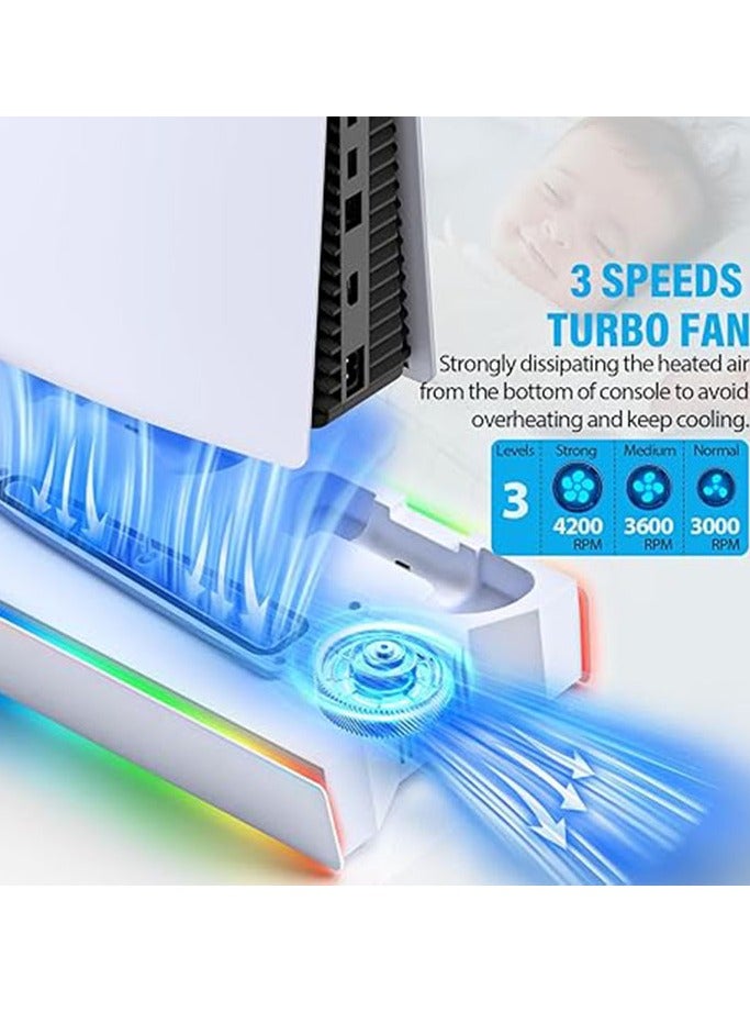 PS5 / PS5 Slim Cooling Station Stand RGB with Dual Controller Charging Station for PlayStation 5 Console, PS 5 Accessories Incl. Controller Charger, Cooling Fan, Headset Holder,White - Image 4