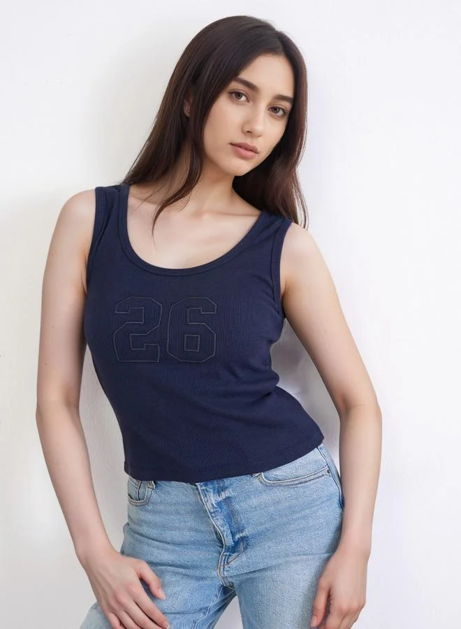 Styli Styli Navy Fitted Embroidered Tank