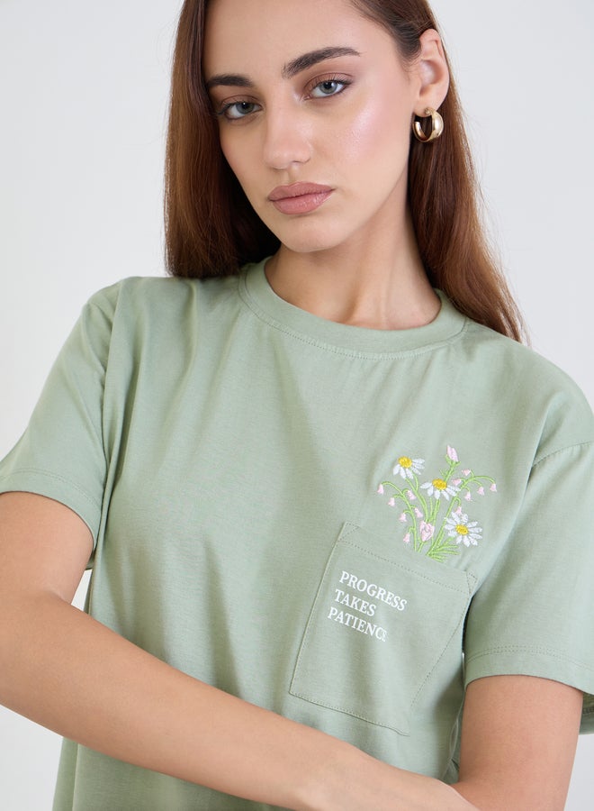 Styli Green Embroidered Floral Pocket T-Shirt - Image 4