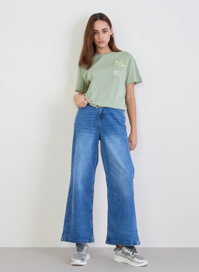 Styli Green Embroidered Floral Pocket T-Shirt - Image 2