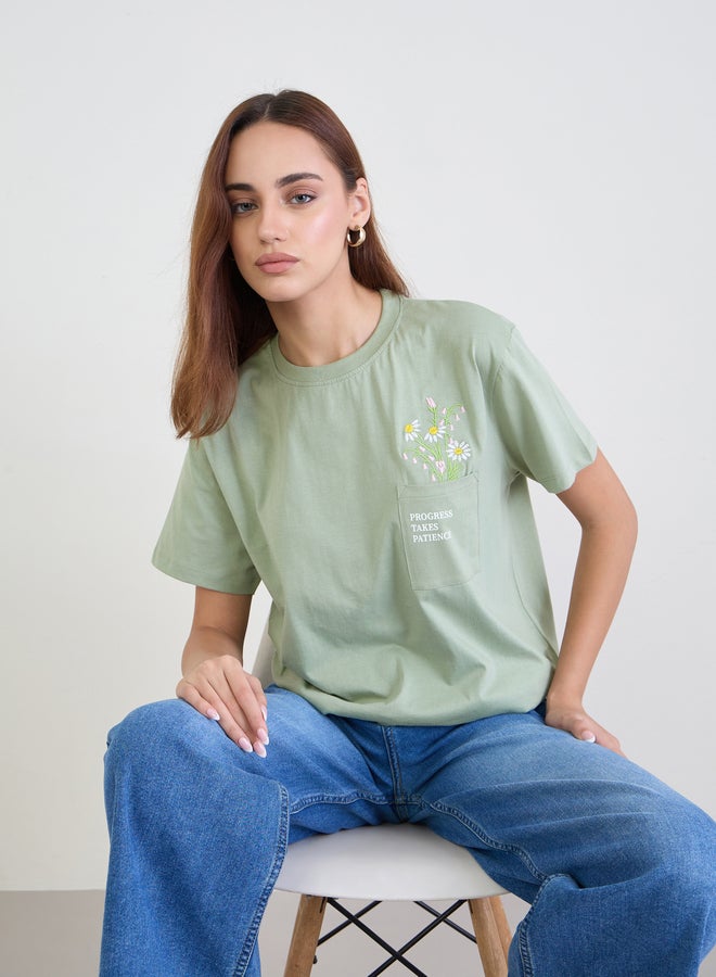 Styli Green Embroidered Floral Pocket T-Shirt - Image 1