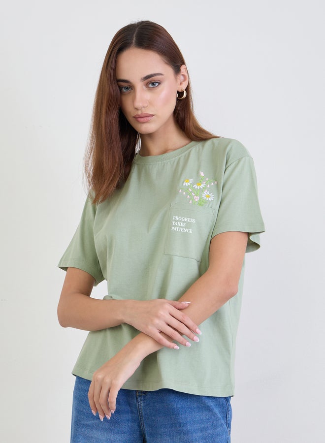 Styli Green Embroidered Floral Pocket T-Shirt - Image 3
