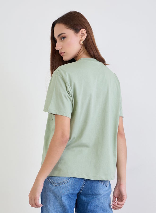 Styli Green Embroidered Floral Pocket T-Shirt - Image 5