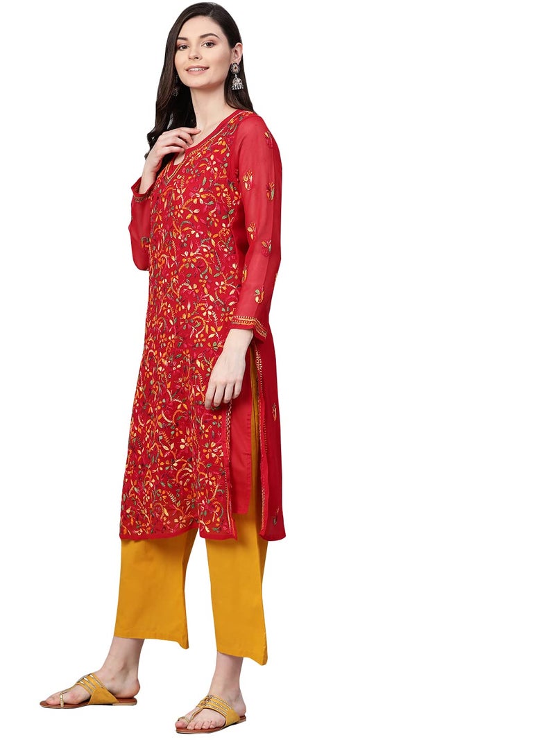 Ada Hand Embroidered Lucknow Chikankari Red Georgette Kurta Kurti with Slip for Women A262097 (M), Regular Fit - Image 4