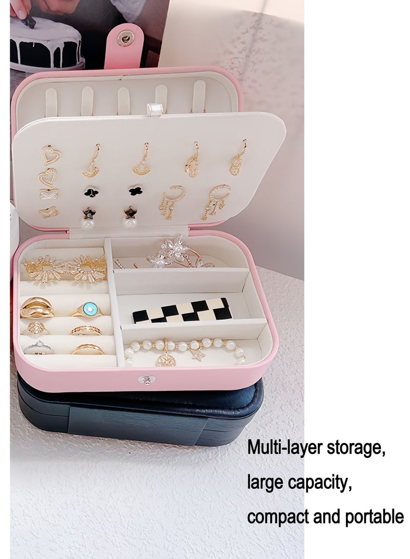صندوق تخزين مجوهرات للسفر للسيدات والفتيات مصنوع من جلد البولي يوريثان، صندوق تخزين مجوهرات صغير ذو سعة كبيرة يمكنه تخزين الأقراط والخواتم والقلائد والأساور والهدايا المحمولة مزدوجة الطبقة (زهر الكرز اللامع) - Image 2