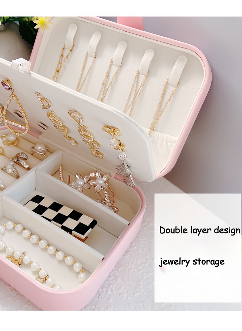 صندوق تخزين مجوهرات للسفر للسيدات والفتيات مصنوع من جلد البولي يوريثان، صندوق تخزين مجوهرات صغير ذو سعة كبيرة يمكنه تخزين الأقراط والخواتم والقلائد والأساور والهدايا المحمولة مزدوجة الطبقة (زهر الكرز اللامع) - Image 3