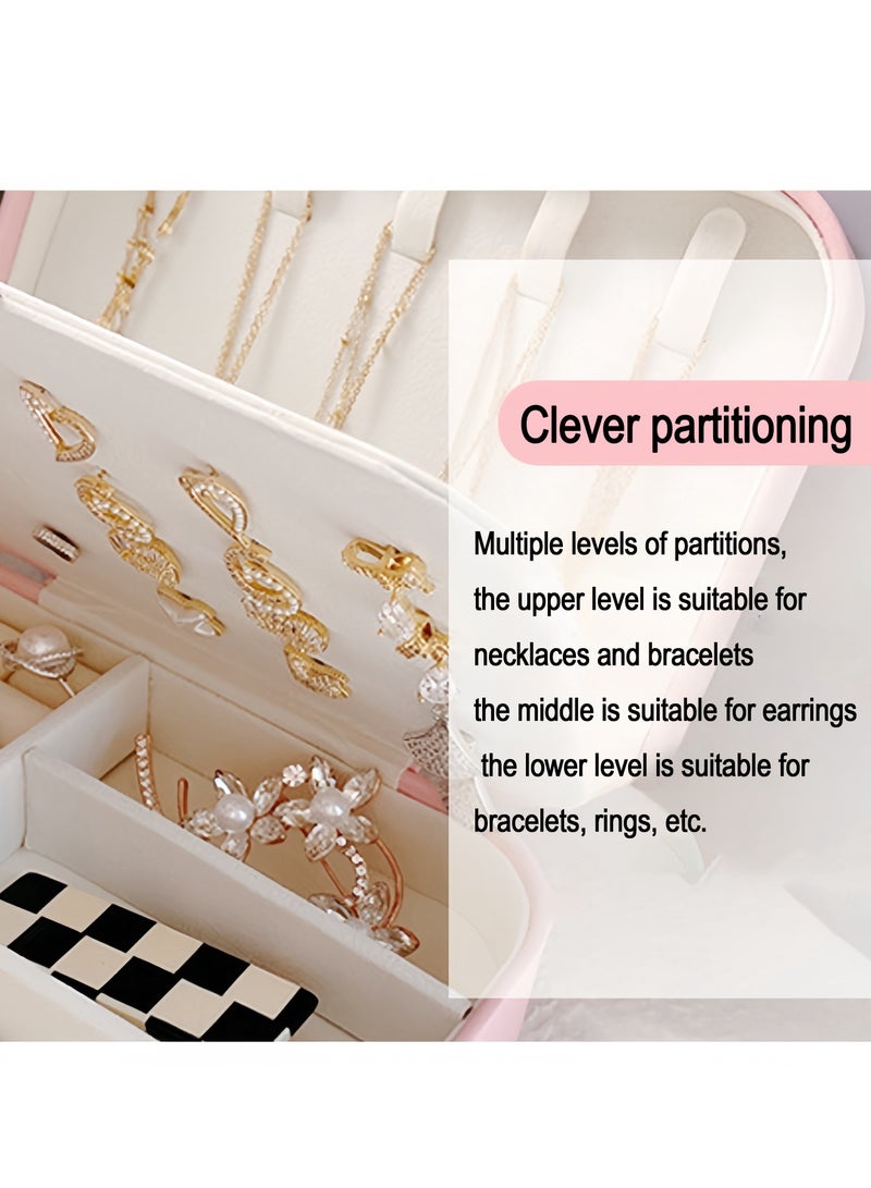 صندوق تخزين مجوهرات للسفر للسيدات والفتيات مصنوع من جلد البولي يوريثان، صندوق تخزين مجوهرات صغير ذو سعة كبيرة يمكنه تخزين الأقراط والخواتم والقلائد والأساور والهدايا المحمولة مزدوجة الطبقة (زهر الكرز اللامع) - Image 4