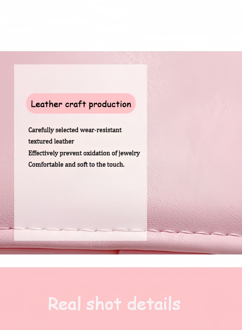 صندوق تخزين مجوهرات للسفر للسيدات والفتيات مصنوع من جلد البولي يوريثان، صندوق تخزين مجوهرات صغير ذو سعة كبيرة يمكنه تخزين الأقراط والخواتم والقلائد والأساور والهدايا المحمولة مزدوجة الطبقة (زهر الكرز اللامع) - Image 5