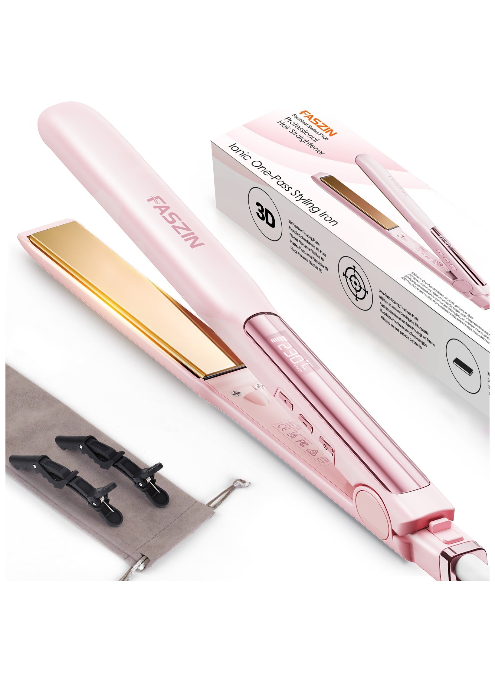 Hair Straightener Professional Ionic Titanium Plate 20S Fast Heat Up Flat with Clear LED Display 2 in 1 Straightener and Curler Styling Tool 