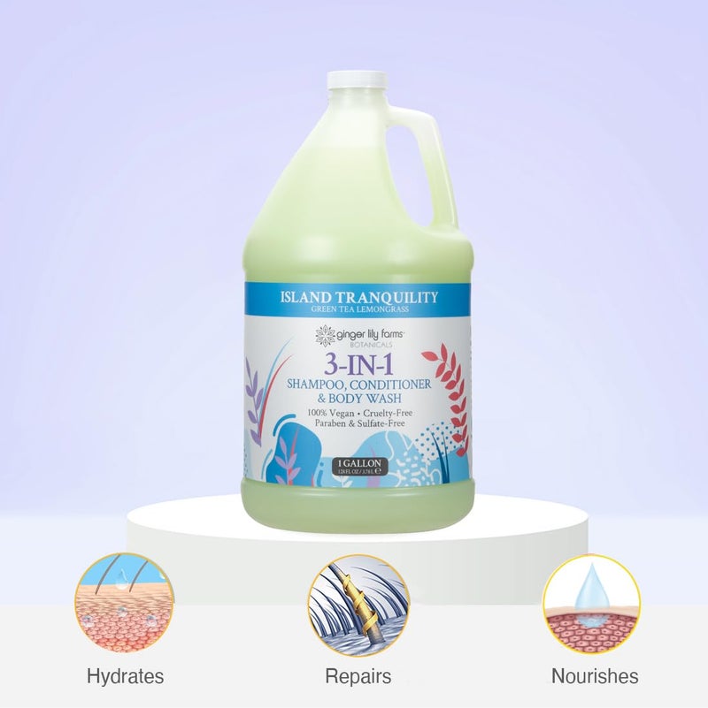 Ginger Lily Farms Botanicals 3-in-1 Shampoo, Conditioner & Body Wash, Island Tranquility, 100% Vegan & Cruelty-Free, Green Tea & Lemongrass Scent, 1 Gallon (128 fl oz) Refill - Image 5